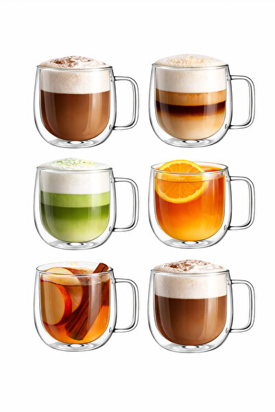 Vivien Home 6lı Çift Camlı Çift Çidarlı Bardak 400 ml Ev Ofis Fincant Çift Ka...