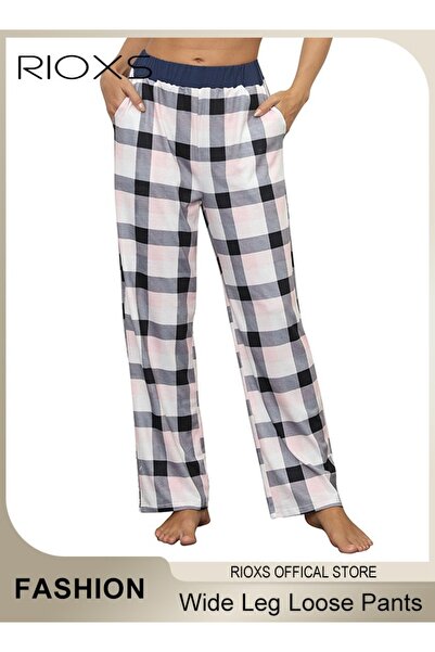 RIOXS Women's Casual Wide Leg Loose Pants Comfort Printed Elastic Waist Stret...