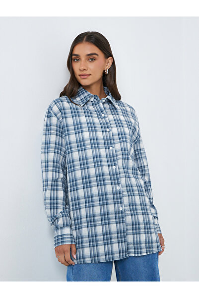 Styli Women Blue Checkered Long Sleeve Oversized Shirt