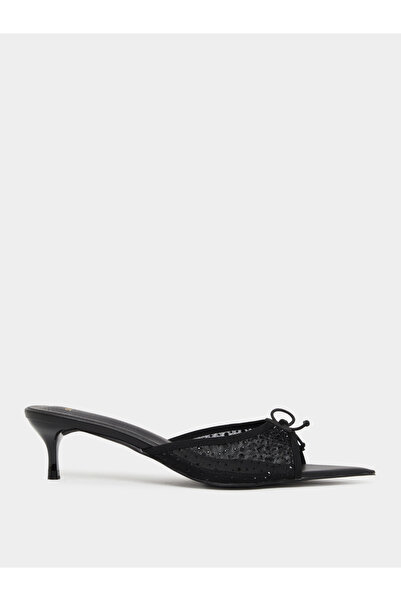 Styli Women Black Mesh Bow Kitten Heel Mules