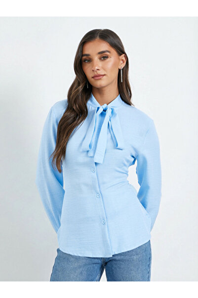 Styli Women Blue Tie-Neck Long Sleeve Shirt