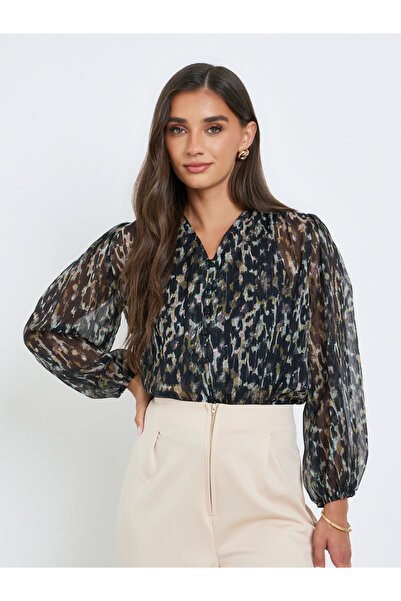 Styli Black Print Sheer Balloon Sleeves Blouse
