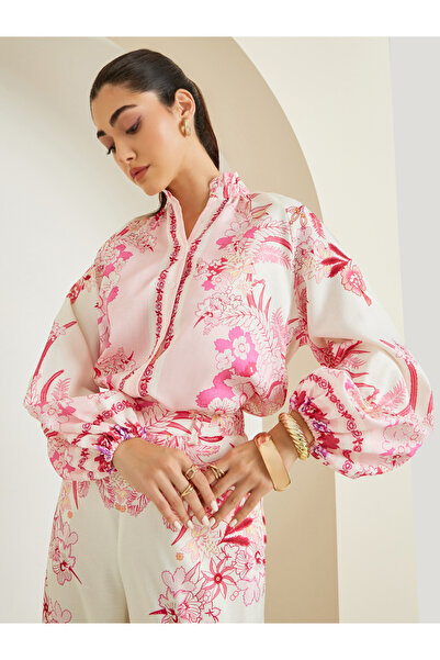 Styli Women Pink Floral Print Balloon Sleeve Blouse