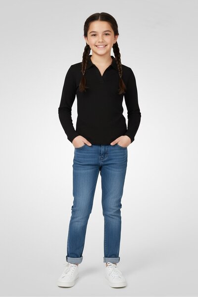 Guppyfriend Kids Girl Spread Collar Long Sleeve Plain T-Shirt, Black