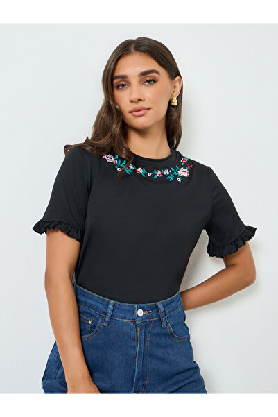 Styli Women Black Embroidered T-Shirt