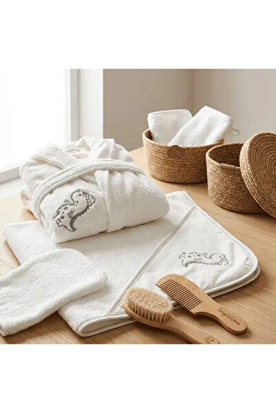 tinylamb Dino Pure Dream Banyo Seti | Bornoz - Kare Kundak Havlu - Banyo Kese...