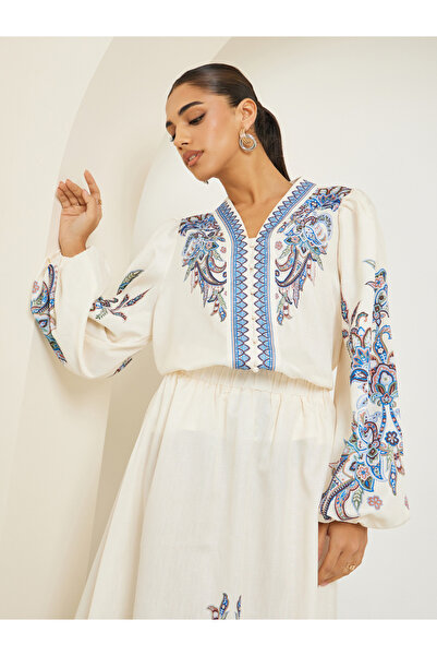 Styli Women Cream Placement Printed Blouse