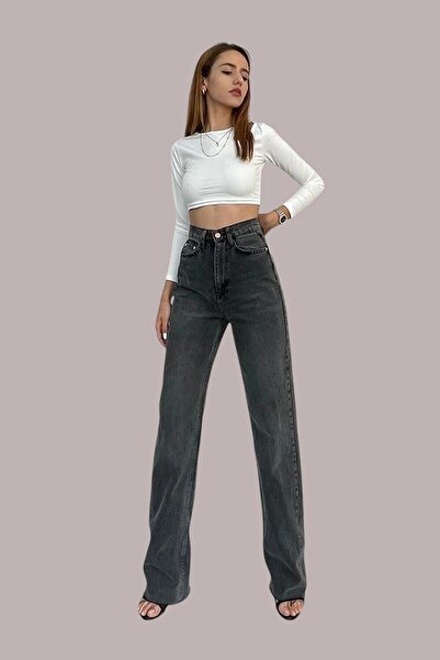 Livik Mireya Women's Smoked High Waist Wide Leg Denim Jeans