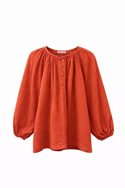 Mixray 4707 Women's Gathered Collar, Elastic Sleeves, Loose Muslin Blouse Tile