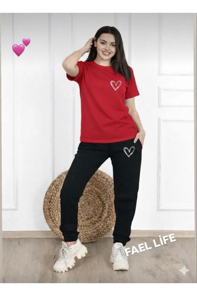 FAEL LİFE Women'S/Men's Wide Cut T-Shirt Tracksuit Minimal Heart Printed Set