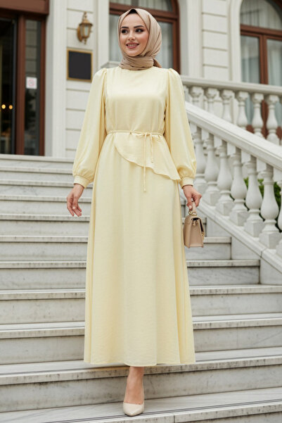 N.S NEVA STYLE Asymmetrical Detailed Yellow Hijab Dress 19042Sr
