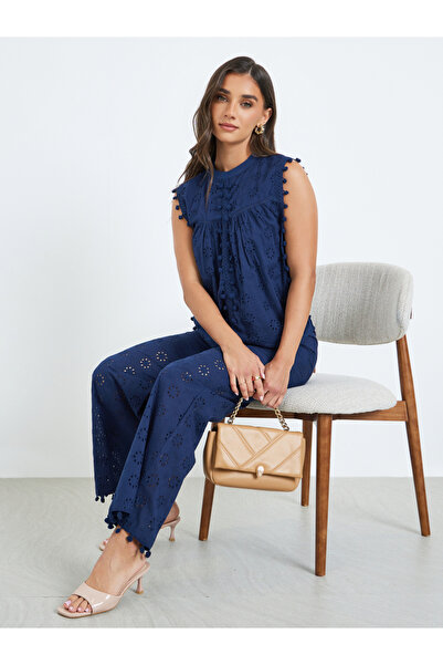 Styli Women Navy Blue Top and Wide Leg Pants Co-Ords