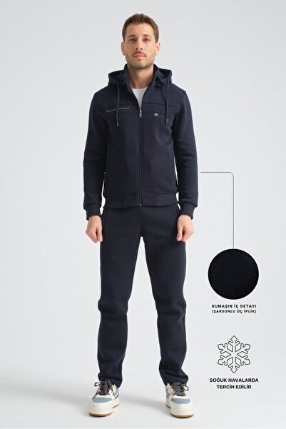 Shooter Sportswear Navy Blue Premium Winter Men's Tracksuit Set Regular Hooded