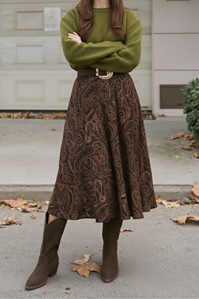 Bestenur Şal Desen Kloş Etek 1681 - Siyah