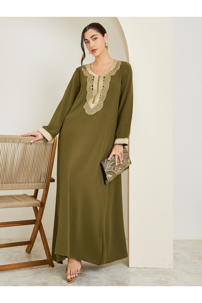 Styli Women Olive Embroidered A-Line Jalabiya