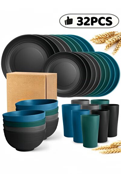 NIHAO 32-piece Dinner Set, Wheat Straw Bowls, Plates, Cups Dinnerware Set , S...