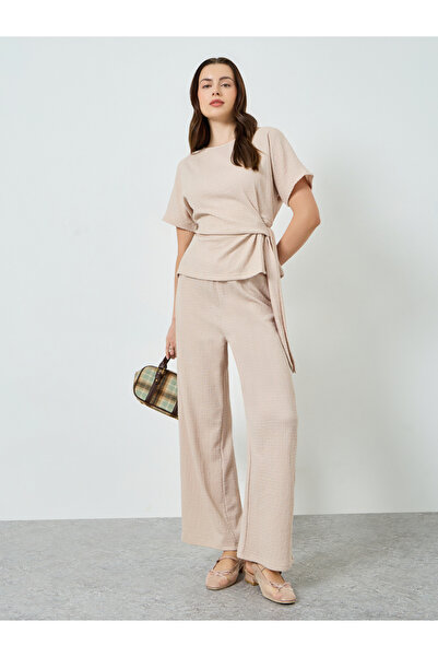 Styli Women Cream Textured Top and Wide Leg Pants Set