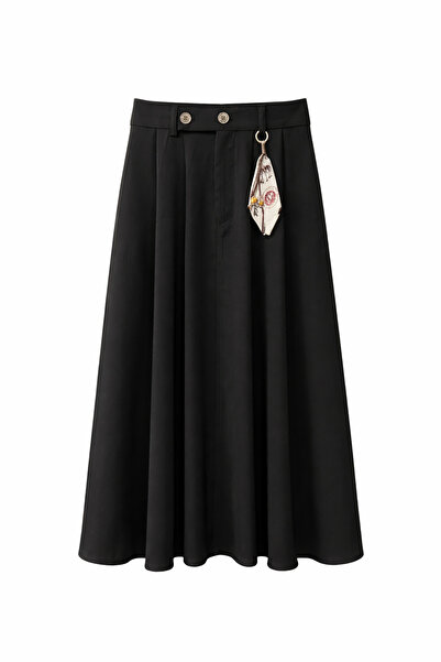 Mixray 4805 Women's High Waist A-Line Midi Accessory Detail Skirt Black