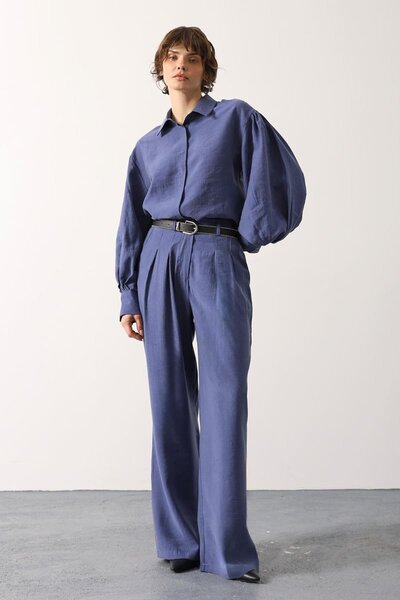 Trend Alaçatı Stili Women's Indigo Pleated Double Pocket Belted Palazzo Trous...