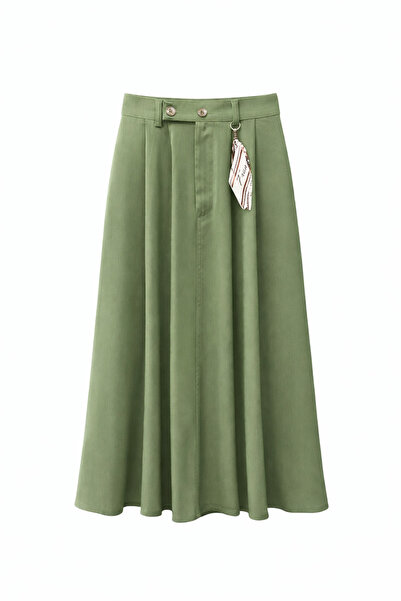 Mixray 4805 Women's High Waist A-Line Midi Accessory Detailed Skirt Khaki