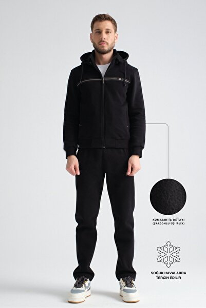 Shooter Sportswear Black Men's Winter Tracksuit Set, Three-Thread Hooded Regu...