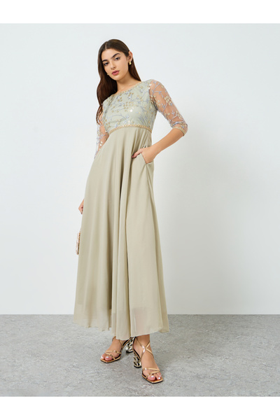 Styli Women Beige Embellished Maxi Dress