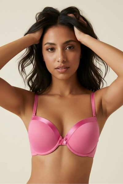 Manken Candy Pink Satin Detailed Padded Underwire Bra - Everyday Bra with Rem...