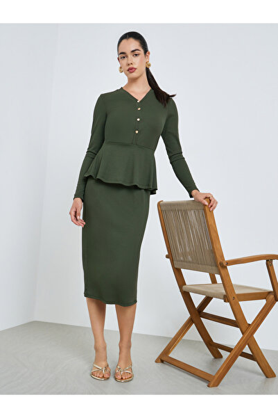 Styli Women Olive Golden Buttons Sheath Midi Dress