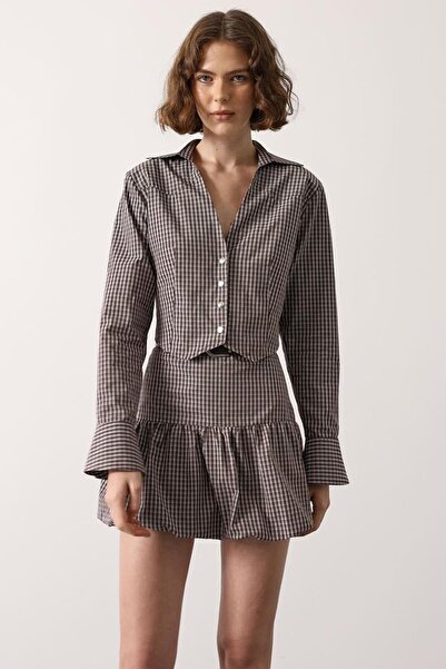 Trend Alaçatı Stili Women's Brown Gingham Patterned Fit Shirt Alc-X15229