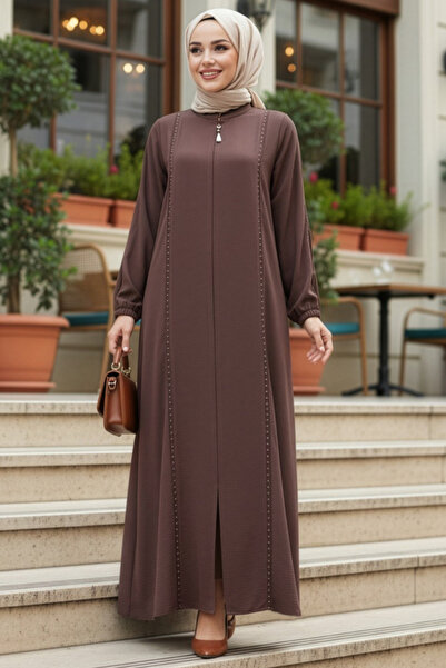 N.S NEVA STYLE Zippered Brown Hijab Abaya 45317Kh