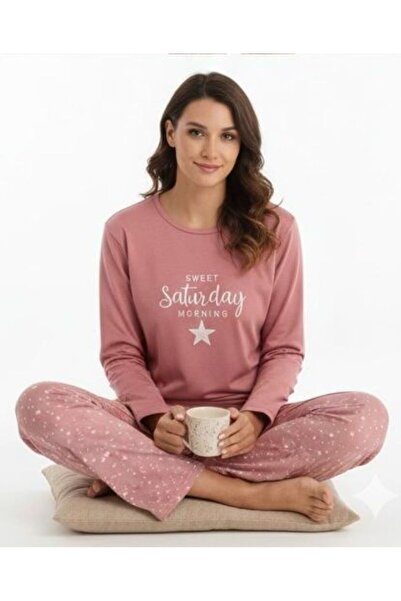Mihra SANDY PEMBE UZUN KOLLU PİJAMA TAKIMI