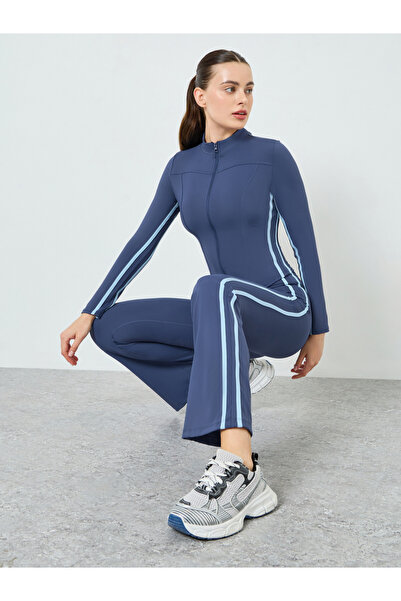 Styli Women Blue Contrast Side Stripe Jacket and Leggings Set