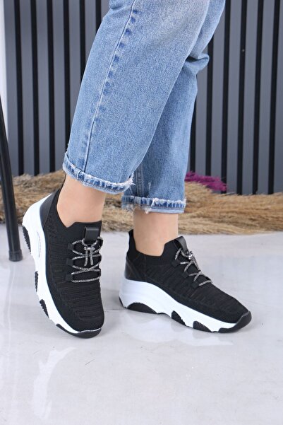 sefayol Joella Μαύρο Λευκό Πλεκτό Γυναικείο Αθλητικό Παπούτσι με Πέτρινα Κορδ...