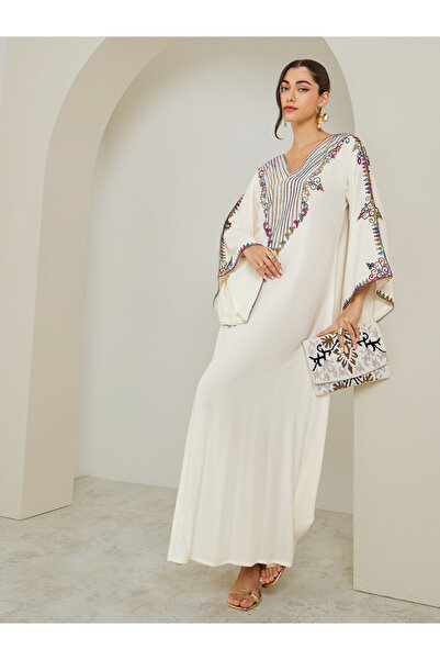 Styli Women Cream Embroidered A-Line Jalabiya