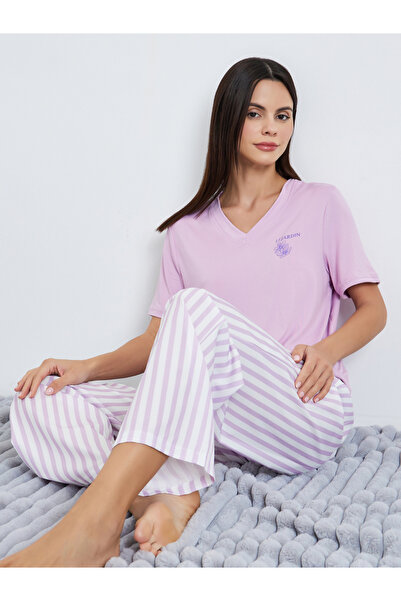 Styli Women Purple Solid T-Shirt and Striped Pyjama Set