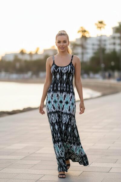 Mossta Thin Strap Square Neck Single Jersey Dress - Blue