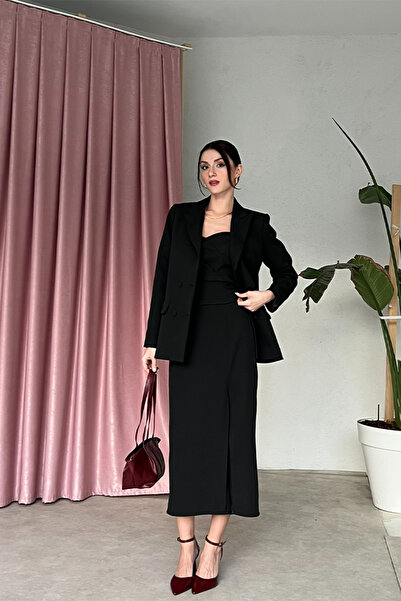 Klex Kadın Kruvaze Blazer Ceket Büstiyer Midi Etek Üçlü Takım – Şık ve Davet ...