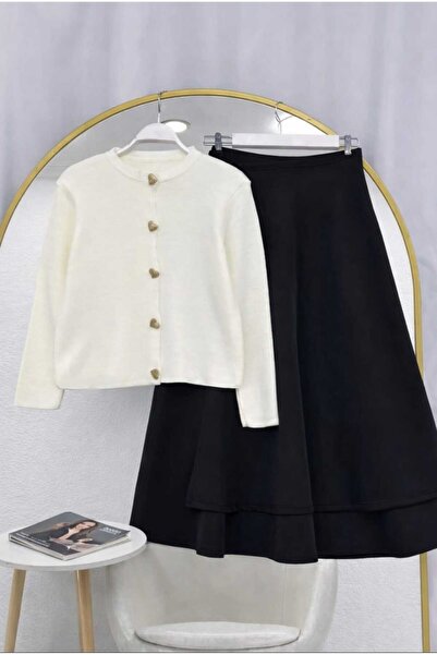 MODA VEDAT Women's Knitwear Heart Buttoned Cardigan - Side Tie Scuba Skirt -0475