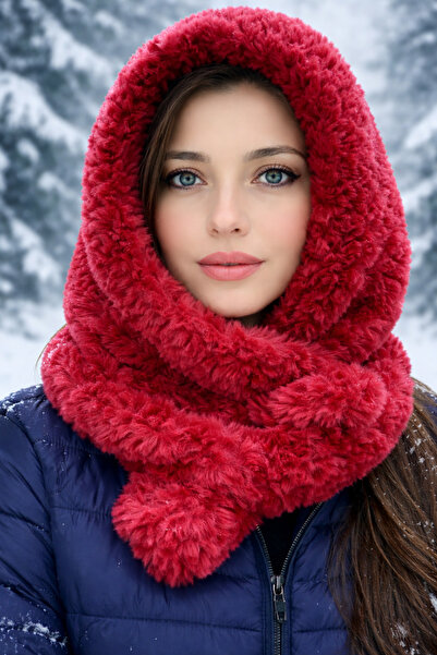 TULEK Red Balaclava Scarf Beanie – Soft Fur Rope – Unisex Winter Neck Warmer ...