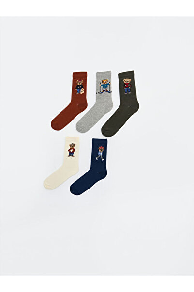 LC Waikiki Rmz Gi̇yi̇m Farkiyla Bear Teddy Printed Men's Socks 5-Pack