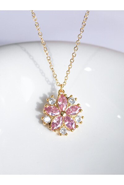 Reorah Collection قلادة من حجر الزركون الوردي على شكل زهرة الداليا الذهبية
