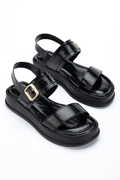 RİSSOLİ Γυναικεία μαύρα τσαλακωμένα λουστρίνια πέδιλα με διπλό λουράκι και λε...