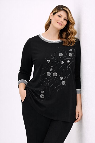 Şans Women's Plus Size Black Tunic with Stone Detailing, Ribbed Collar and Sl...