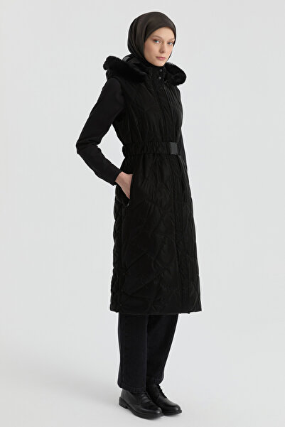 Tuğba Cam Kırığı Desenli Kapitone Yelek - Siyah