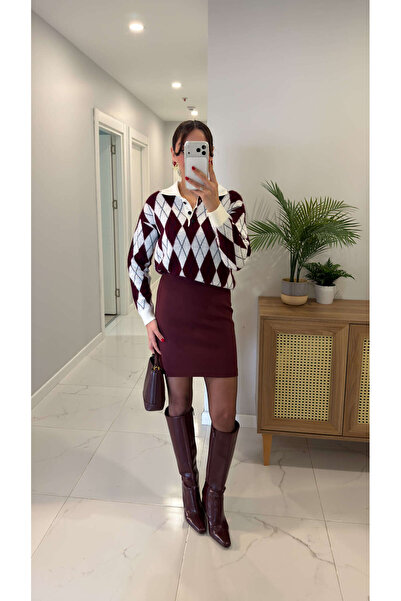 BİRCANÇİL Tosla Burgundy Short Skirt