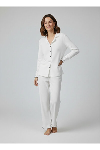 FİT WOMEN Bürümcük MODEL UZUN KOLLU DÜĞMELİ FIRFIRLI PİJAMA TAKIMI 4447