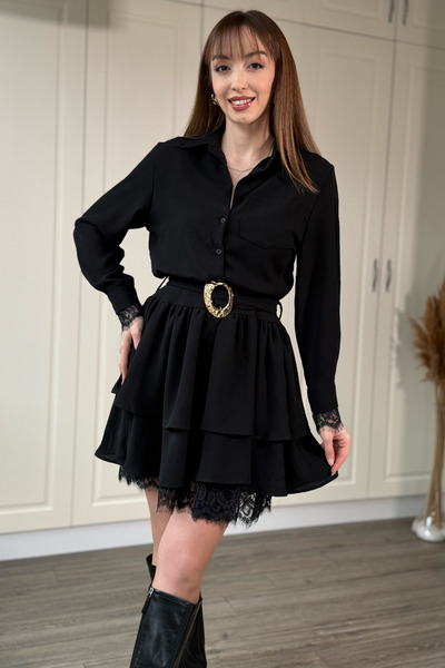 Dilay Gökoğlu Butik Gömlek Yaka Dantel Detay Mini Siyah Elbise