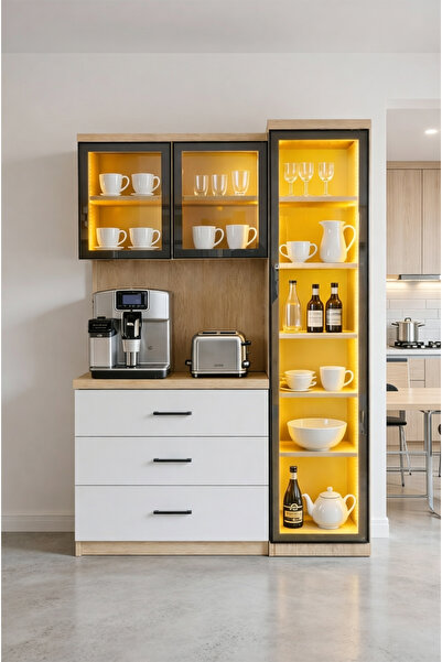 Avmpark Mind Kahve Köşesi Vitrinli Ünite Tek Kapaklı Airfry Kiler Dolabı Cam ...