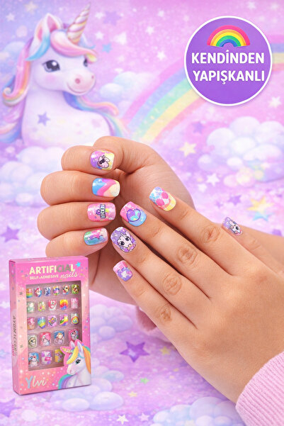 Top Model Ylvi Unicorn Desenli Kendinden Yapışkanlı Çocuk Takma Tırnak Seti 2...