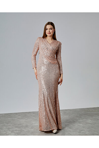 Asees Kruvaze Yaka Büzgü Detaylı Abiye Elbise